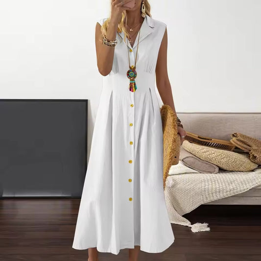 Casual Loose Sleeveless Shirt Dress Solid Color Button Cotton Linen Blend Dress Elegant Vacation Holiday Dresses платье женское