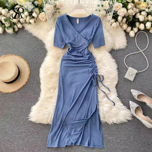 SINGREINY Drawstring Ruched Women Dress Summer Slim Short Sleeve V Neck Sexy Split Party Dress Korean Streetwear Midi Dress