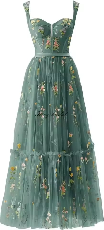 Custom Made Women's Flower Embroidery Tulle Prom Dresses Tea Length Corset A Line Fairy Formal Evening Party Gown Bridesmaid